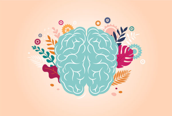 Illustration of a human brain showing the four pillars of well-being